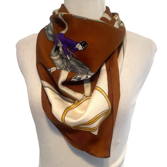 Equestrian Scarf 30" Square Brown Cream Purple Riding Horse Show Rope Bridle - Picture 4 of 5